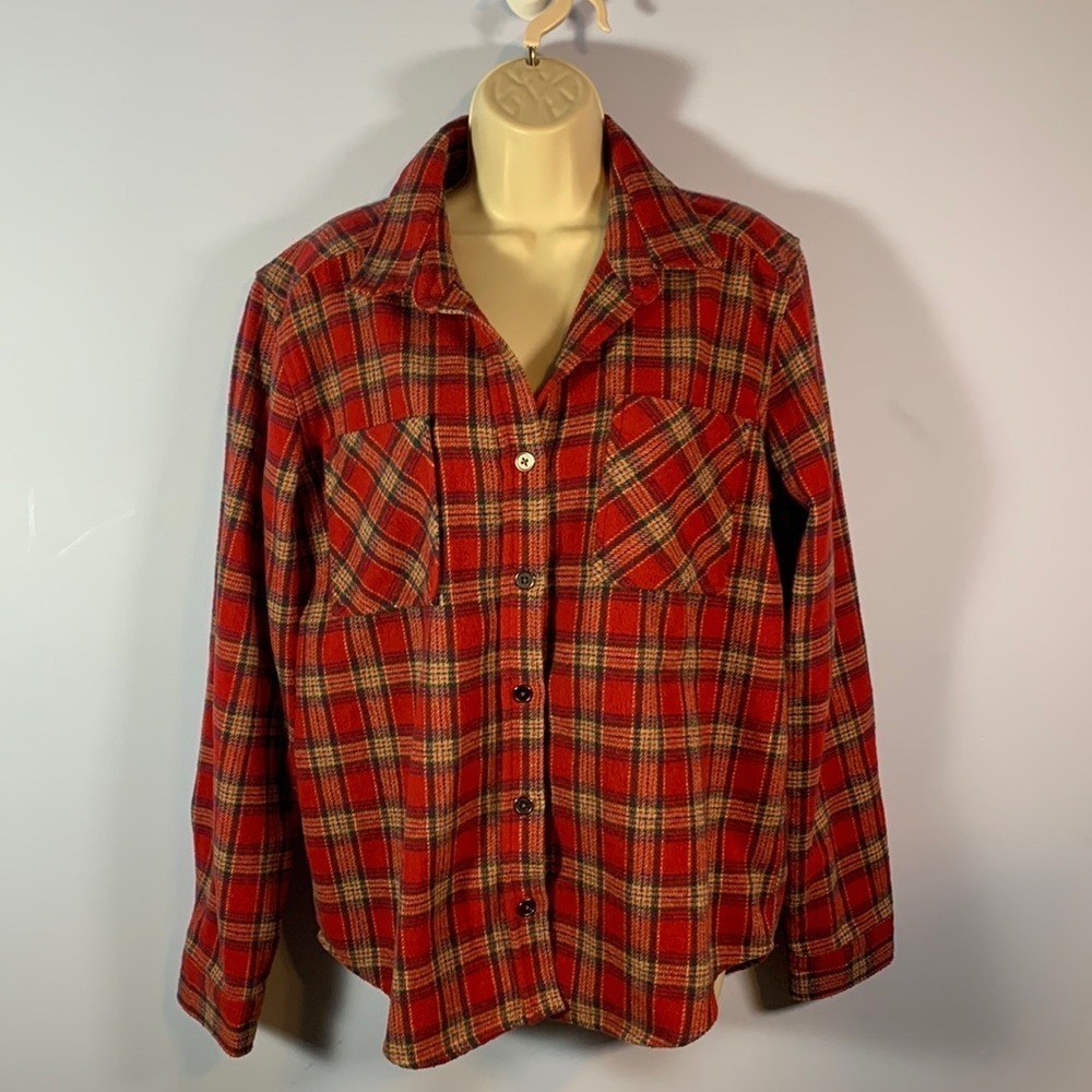 PS/LA xs small red tan wool blend lumberjack button down shirt classic plaid
